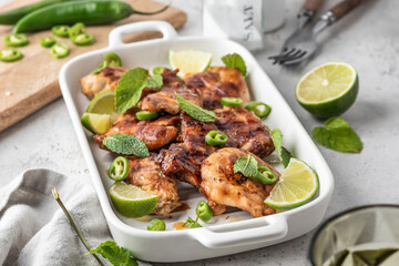 Spicy grilled chicken thighs roasted with chilli and lime on white dish, light gray kitchen background