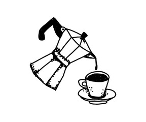 Classic moka pot with hot coffee in a cup, perfect for morning espresso moments, breakfast scenes, and cozy cafe vibes, ideal for menus, blogs, and kitchen-themed designs.