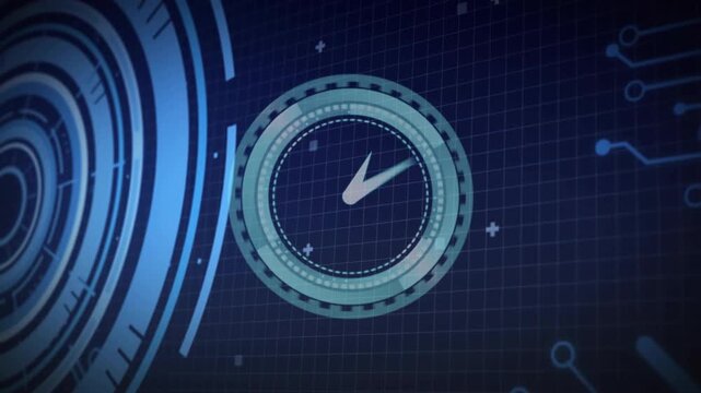 Upon loading circular gauge rotating while code scrolling snippets expanding showcasing interface