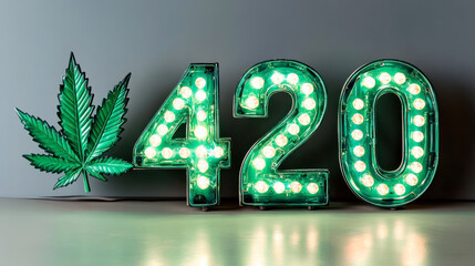 Wall with number 420 made of electric lamps. Interior element, marijuana dispensary design