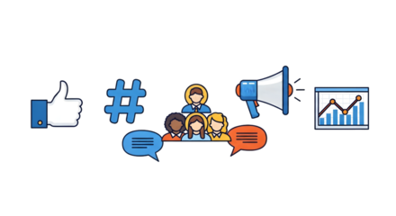 Social media marketing concept with icons for likes, hashtags, communication, and data analysis isolated on transparent background