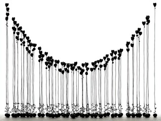 Black heart-shaped balloons on strings form a large arch