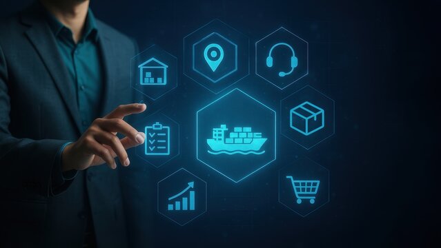 A businessman tapping on a holographic cargo ship interface with logistics icons in hexagon layout, smart transportation systems, fast transport, local transport