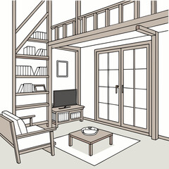 A hand-drawn style illustration of a small living room area with a loft above. There is a chair, shelving, a TV, and a table in the living room.

