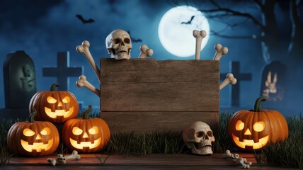 Creepy Halloween Scene with Pumpkins, Skeletons, and Full Moon