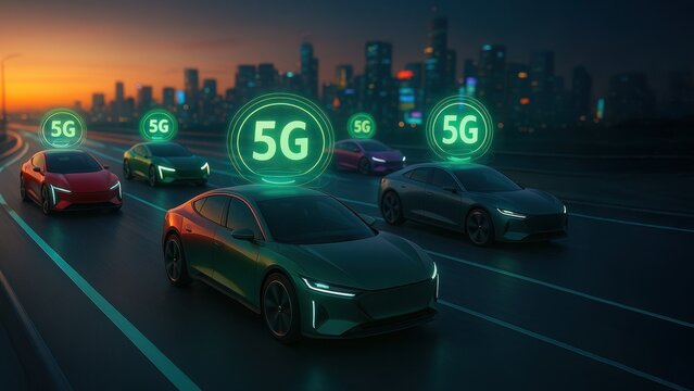 Futuristic highway at twilight with electric cars and holographic connectivity symbols showing 5g, smart transportation systems, fast transport, local transport