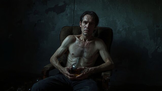 Man showing signs of alcohol intoxication, sitting at a table with a glass of vodka, depicting a moment of excessive alcohol consumption, vulnerability