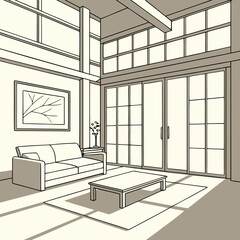 An interior illustration depicts a modern living room with neutral colors. Large windows and sliding doors fill the space with light, showcasing a sofa and coffee table.

