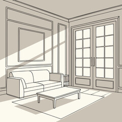 A simplified line drawing showcases a living room interior. The scene features a sofa, coffee table, and paneled walls with French doors allowing light to stream in.