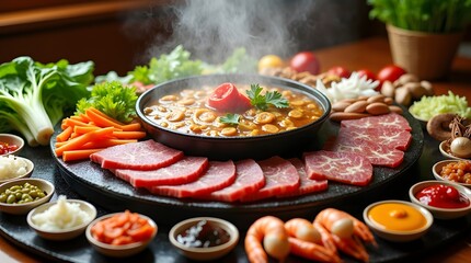 Fototapeta premium A vibrant and inviting arrangement of diverse food elements, featuring cooked meat, vegetables, and