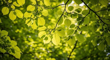 Obraz premium Sunlight filters through vibrant green leaves in a forest