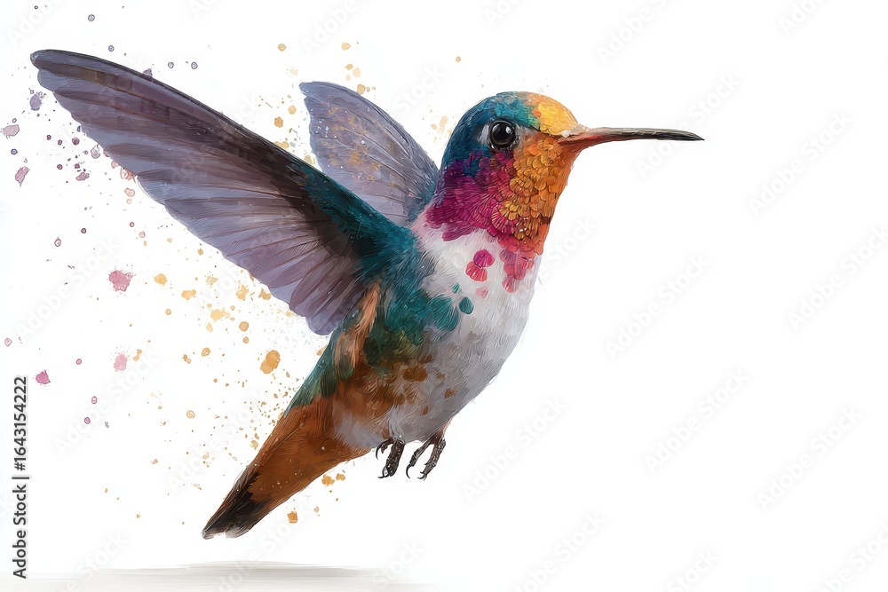 Poster Colorful vector illustration of a flying hummingbird showcasing vibrant feathers and unique patterns in a dynamic pose