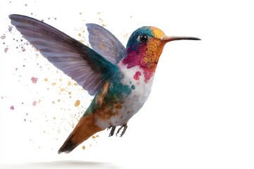Colorful vector illustration of a flying hummingbird showcasing vibrant feathers and unique patterns in a dynamic pose