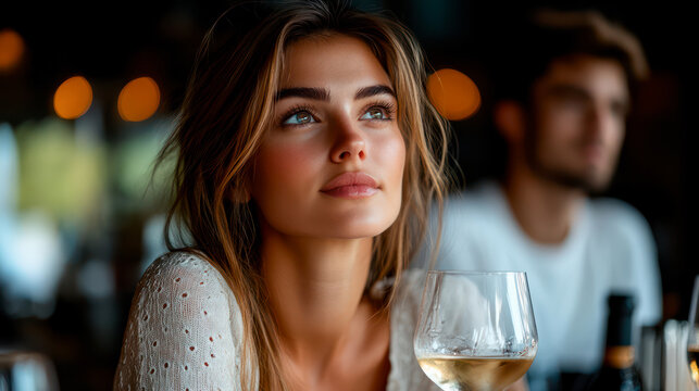 Sad couple in a bar thinking about breaking up