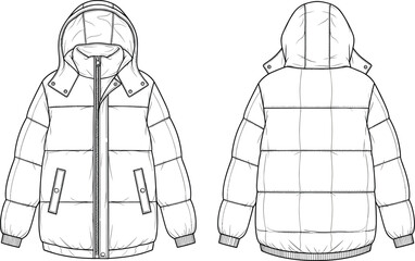 Puffer jacket with detachable hood, front zipper closure, zip pockets, elastic cuffs and hem, quilted winter coat fashion flat sketch