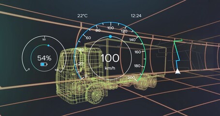 Wireframe truck accelerating to 100 kmh then braking on simulation start for testing - Powered by Adobe