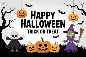 Spooky Halloween Celebration with Pumpkins, Witch, and Skeleton