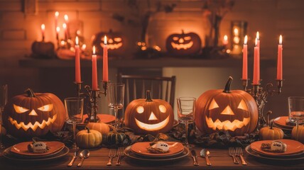 Spooky Halloween Dinner Table Decorated with Jack-o'-Lanterns and Candles