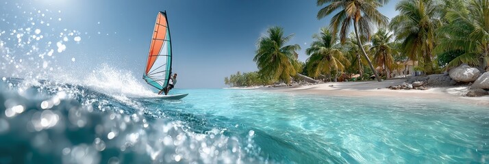 Windsurfer riding waves in tropical paradise near sandy beach