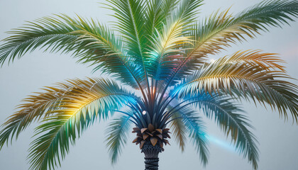 Cyber palm tree with illuminated leaves in vibrant colors against a misty backdrop
