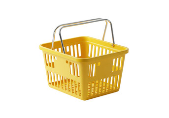 Empty yellow plastic shopping basket with handles isolated on transparent background