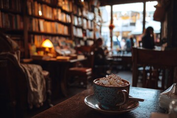 Late afternoon in a small café with cozy chairs and shelves of books A person is serving a mocha with whipped cream on top The mood is warm and comforting, Generative AI 