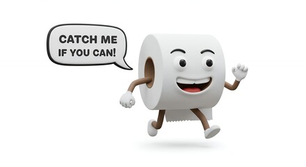 Cartoon toilet paper roll running with speech bubble