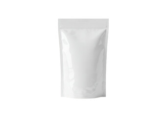 A blank white standup pouch with a zipper closure, isolated on a transparent background, ideal for product packaging mockups and branding