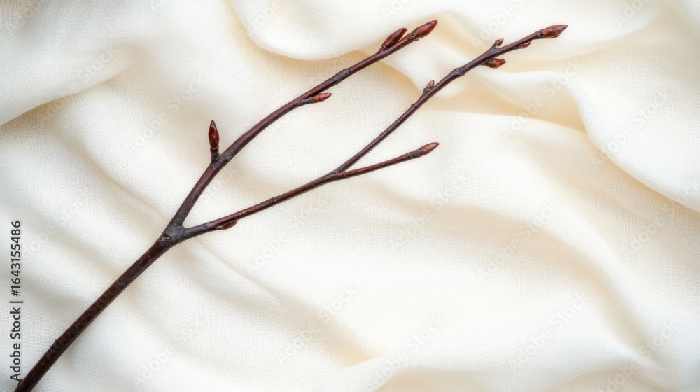 Poster branch with budding leaves on soft fabric background in early spring