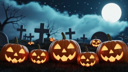 Spooky Halloween Scene with Carved Pumpkins and Cemetery at Night