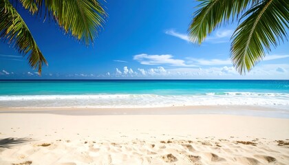 Idyllic tropical beach scene;  palm fronds frame turquoise water and white sand