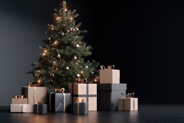 Christmas tree with presents in a dark room.
