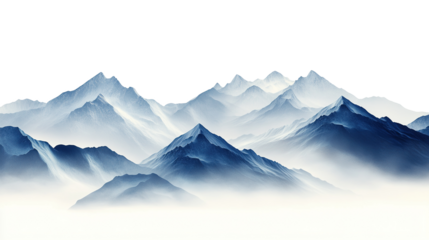 A stunning winter mountain landscape shrouded in mist isolated on a transparent background. PNG