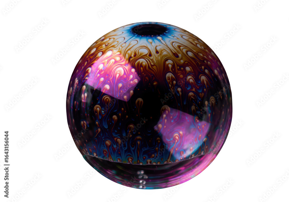 Poster iridescent soap bubble with colorful patterns and reflections, isolated on transparent background
