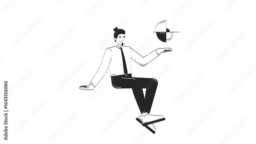 Poster corporate data analyst sitting and holding pie chart outline 2d character doodle animation. business