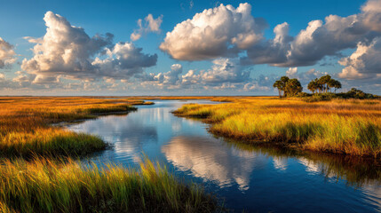 Beautiful scenic landscape featuring a flowing river vibrant grasslands lush trees stunning sky with clouds and peaceful natural surroundings
