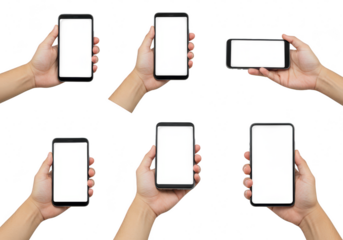 Collection of hands holding smartphones in various orientations, isolated on transparent background