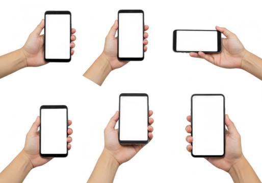 Collection of hands holding smartphones in various orientations, isolated on transparent background