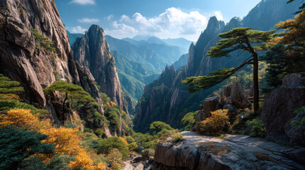 Obraz premium Stunning mountain landscape with lush green trees dramatic cliffs expansive valley clear blue sky and picturesque scenery perfect for outdoor adventure and travel