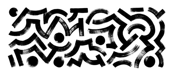 Intricate geometric brush strokes collection. Abstract geometric bold lines and dots. Hand drawn bold grunge shapes, curved and zigzag lines. Naive sketchy marker strokes for collages, banners.
