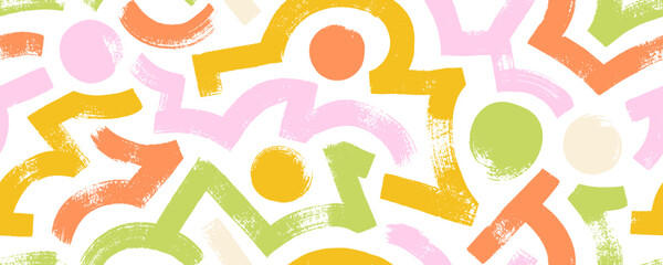 Obraz na płótnie Canvas Funky geometric maze colorful seamless pattern. Bold brush drawn curved and zigzag lines with dots.