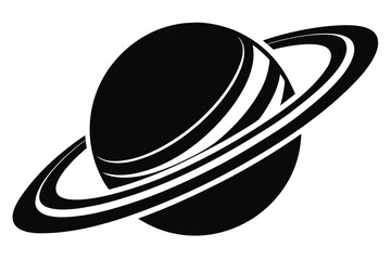 An oval black planet shows with its beautiful distinct rings on a white background