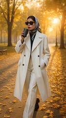 Fototapeta premium Stylish beautiful woman walks through a fall city park with fallen leaves at sunrise. She holds coffee from a reusable cup. White trenchcoat trousers, sunglasses and skarf, red lipstick on her lips.