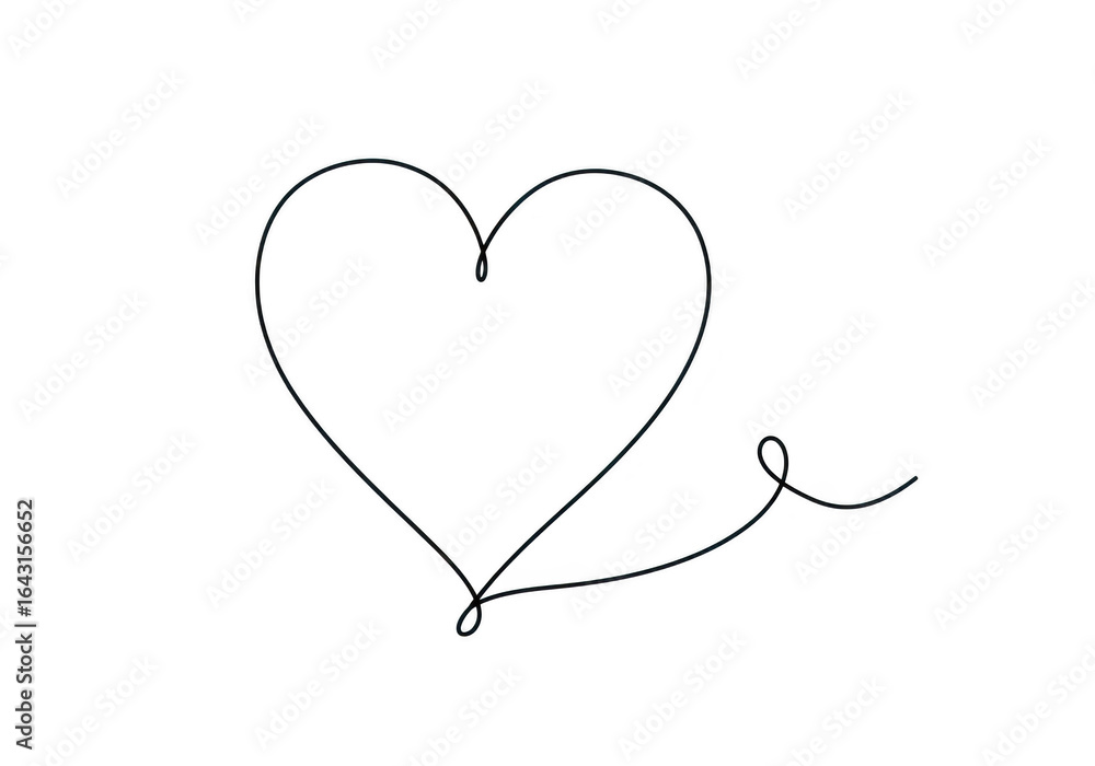 Poster a simple, minimalist black line drawing of a heart with a trailing line, isolated on a transparent b
