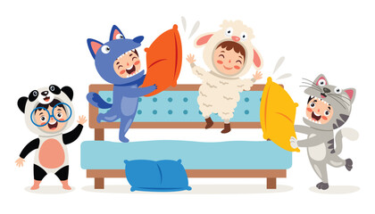 Cartoon Kids Playing Pillow Game