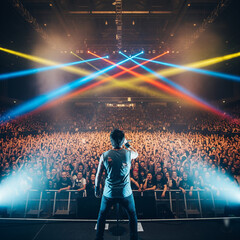Man stands on stage in front of a crowd of people, singing into a microphone