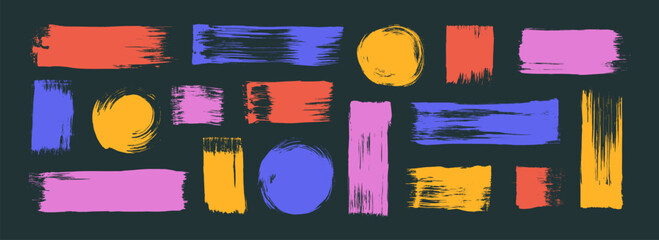 Obraz na płótnie Canvas Colorful straight lines, squares and circles collection. Brush drawn childish geometric shapes. Calligraphy thick or bold paint lines. Sketchy brush strokes grunge collection. Vector ink illustration.