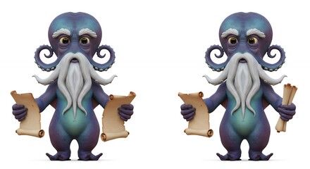 Fototapeta premium Two cartoon octopi holding scrolls
