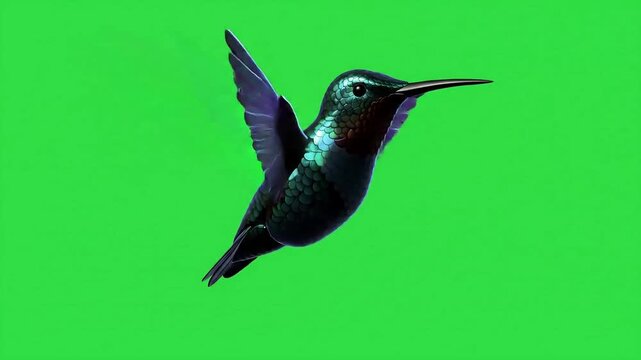 Elegant hummingbird in mid-flight, iridescent feathers shimmering against vibrant green backdrop showcasing avian grace