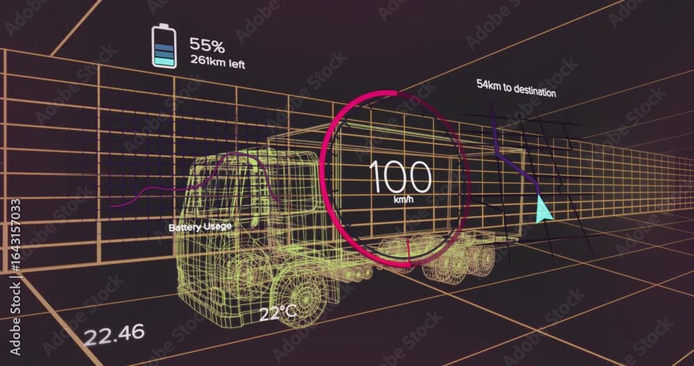 Poster on start wireframe truck accelerating then decelerating and route graph adjusting showing progress